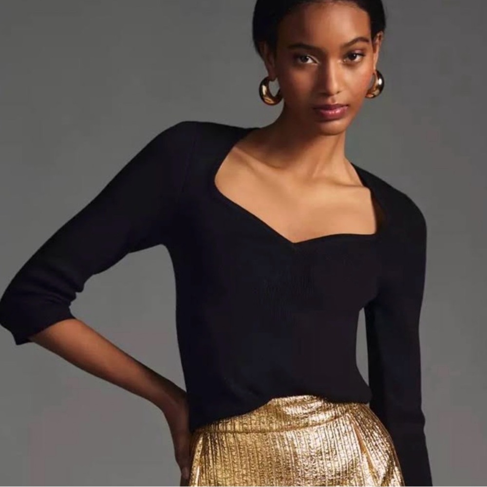 Maeve by Anthropologie Black Ribbed Sweetheart Sweater XXS